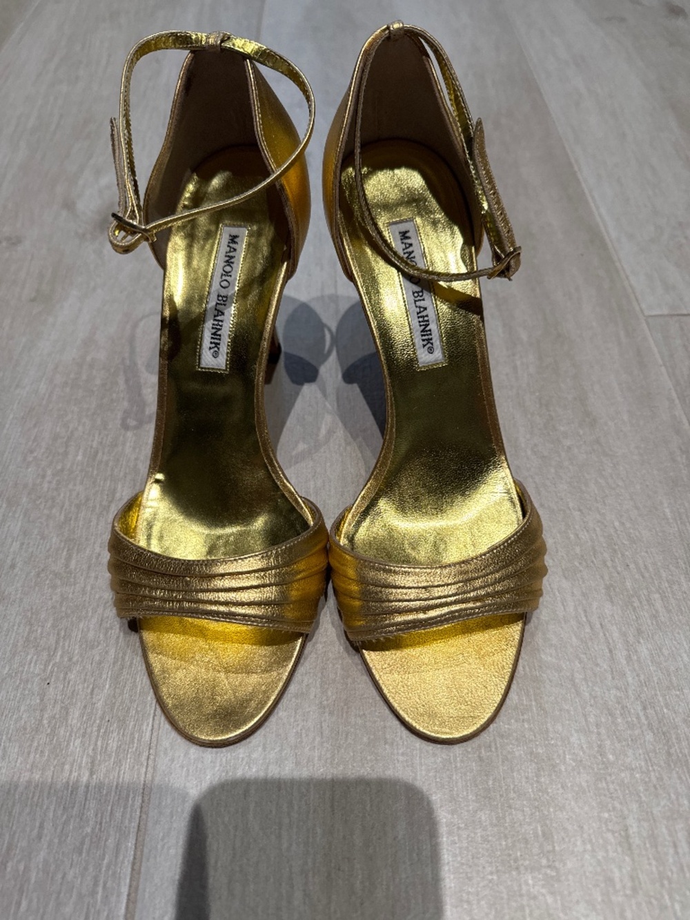 Manolo Blahnik, metallic  gold strappy heels size 8